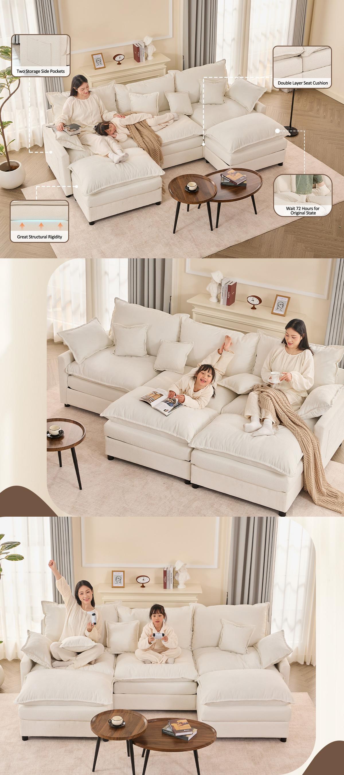 DealsforYouDays【2 Packages Shipping】GOSUHI 108" U-Shaped Modular Sectional Sofa - Comfy Cloud 3-Seater with 2 Movable Ottoman, Cloud Sofa,Deep Seat Linen Couch for Living Room, Beige Color ,Comfort & Stylish Design,Chenille pink