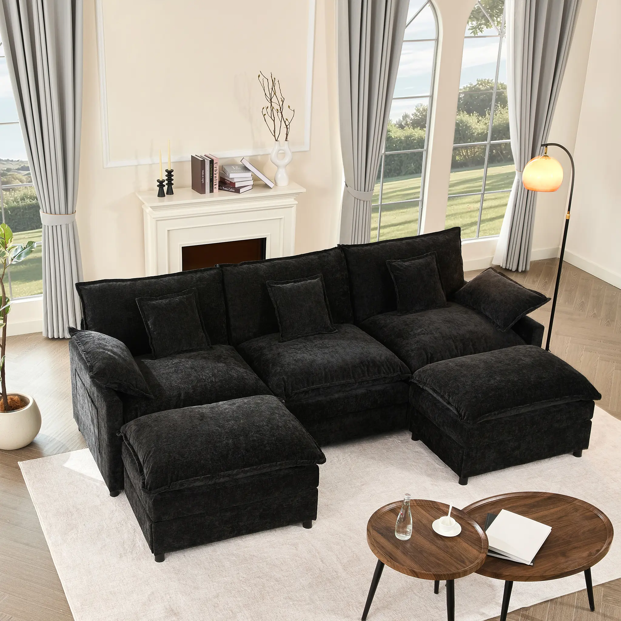108" U-Shaped Modular Cloud Sofa with 2 Ottomans – Deep Seat Chenille Sectional Couch