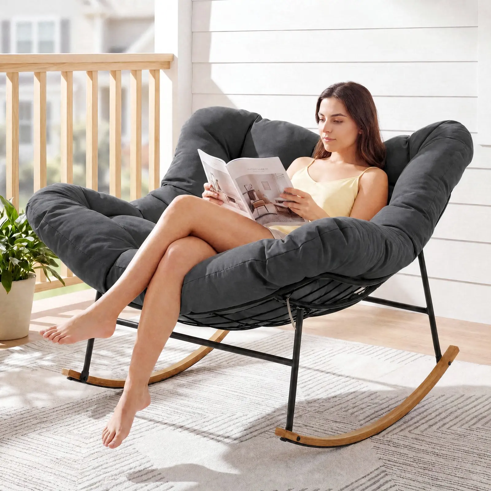 Papasan Rocking Chair Outdoor/ Indoor, Oversized Rocking Chair with Thickened Cushion, 450 lbs Large Comfy Egg Chair Indoor,Cozy Lounge Reading Glider Chair for Bedroom, Blue