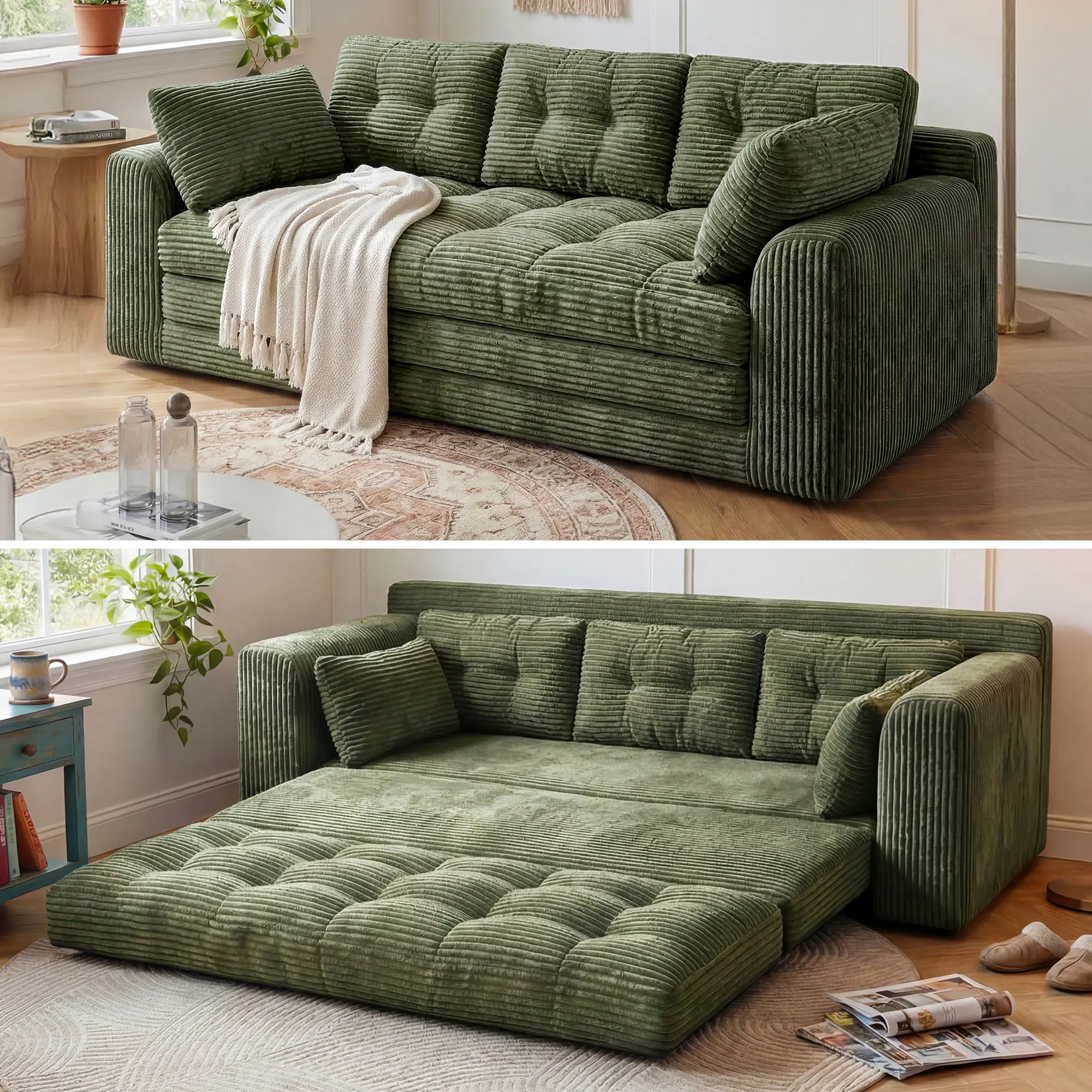 Raybee 2-3 Seater Folding Convertible Sofa Bed, Boneless Pull-Out Sleeper Sofa with Pillows, Tufting Corduroy Upholsted Foldable Floor Couch Comfy Lounge with High Resilience & High Density Foam for Small Space Living Room Bedroom, Black, Gray, White