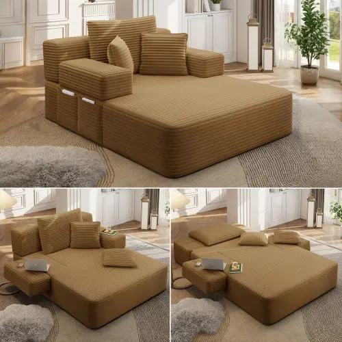 Luxury Plush Corduroy Convertible Sofa Bed, Oversized Chaise Lounge with 3 Pillows & Storage Pocket, Frameless Compression Foam Design for Small Spaces, No Assembly Required Sleeper Chair for Living Room, Apartment