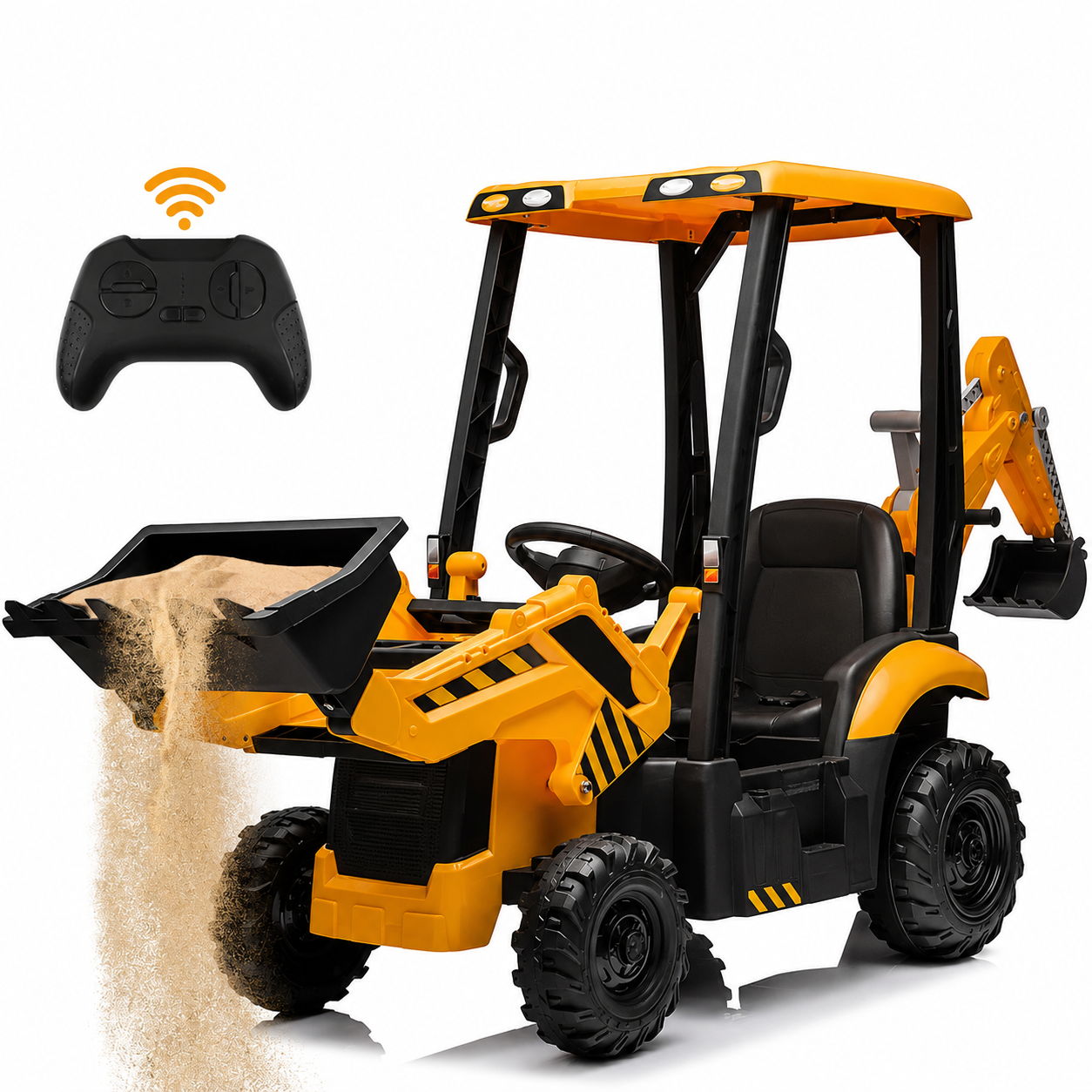 12V Kids Ride-On Excavator, Battery Powered Backhoe Digger with 2.4G Remote Control, Adjustable Front Loader & Rear Digger, Electric Construction Toy for Toddlers 3–6 Years Old
