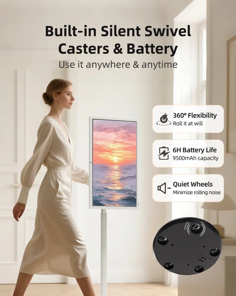 27" Portable Smart Touch Screen, Android 14, 8GB+128GB, 1080P Display, 9500mAh Battery, Wi-Fi Wireless Casting, Built-in Camera & Speakers