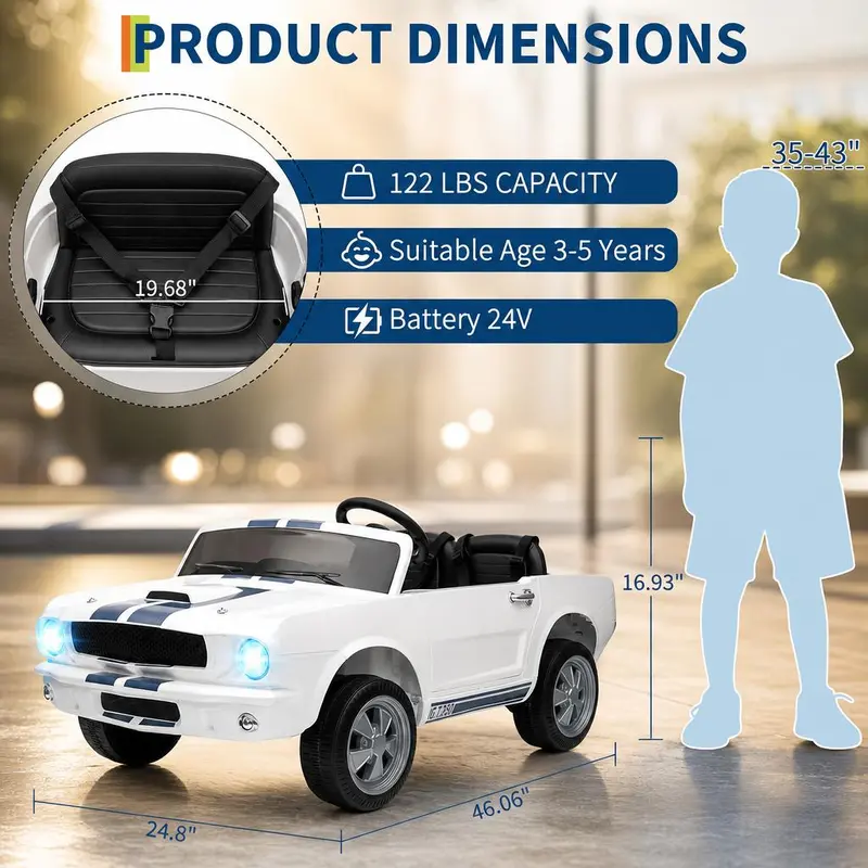Ford Shelby GT350,24V Electric Car for Kids, Battery Powered Ride On Toy with Remote Control, Safety Belt, 2 Speeds, LED Lights, Kids Electric Vehicle for Christmas Birthday New Year Gifts