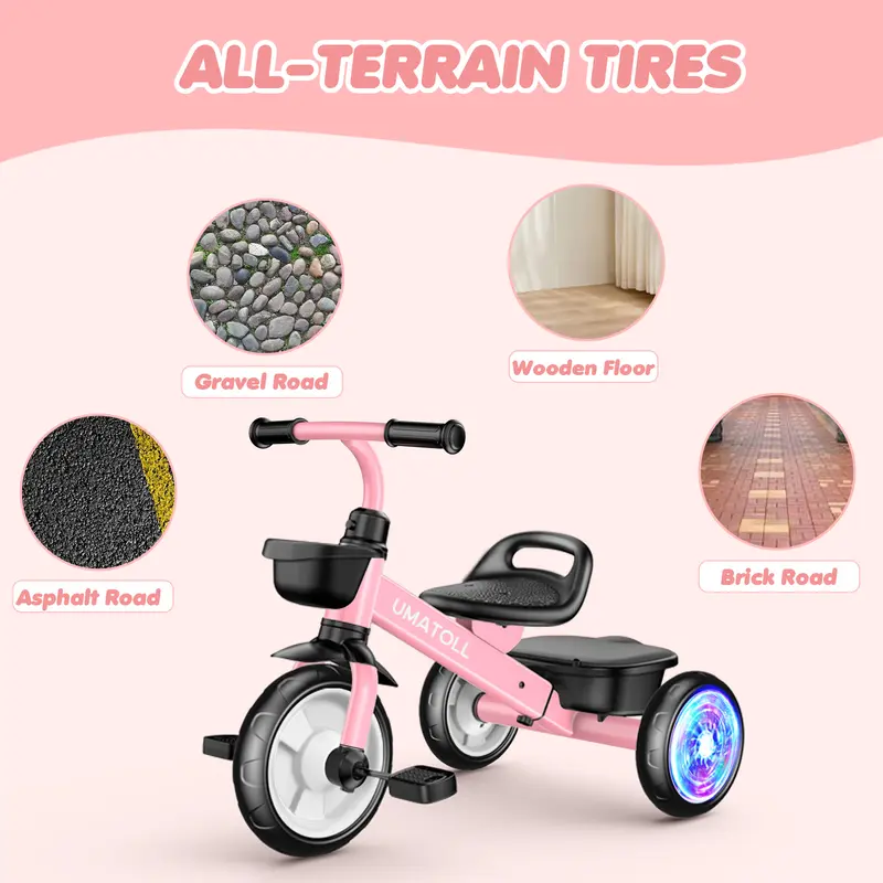 Umatoll Tricycle for Toddlers 2-5 Year Old boy&gril gifts，2-5 Year Birthday gifts, Adjustable Toddler Bike with Light Up Wheels Durable Carbon Steel Frame & Dual Baskets for Outdoor Fun，babies Christmas gifts, #DealsForYouDays