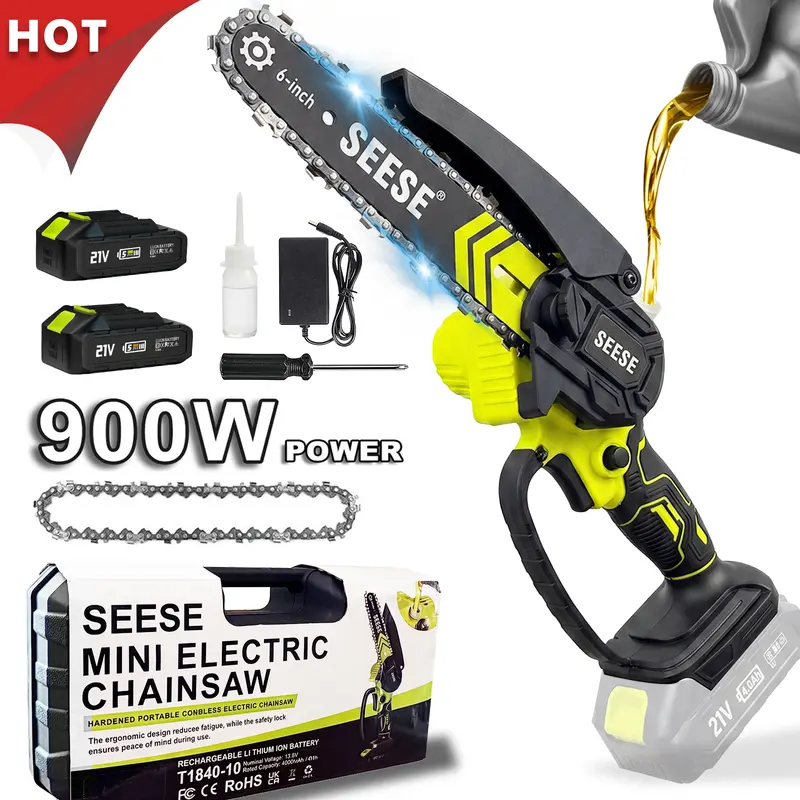 SEESE 6-Inch Brushless Mini Chainsaw with Automatic Oiling System, Portable Cordless Electric Chain Saw for Wood Cutting, Pruning, Gardening & Camping, 2000mAh Battery Included, Suitable for Seniors & Women