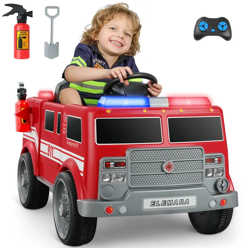 12V Fire Truck Police Car, Electric Ride on Car for Kids with Remote Control Battery Powered Toddler Car Siren-Call,walkie-talkies, Flashing Lights,Bluetooth,Music Ages 36+ Months