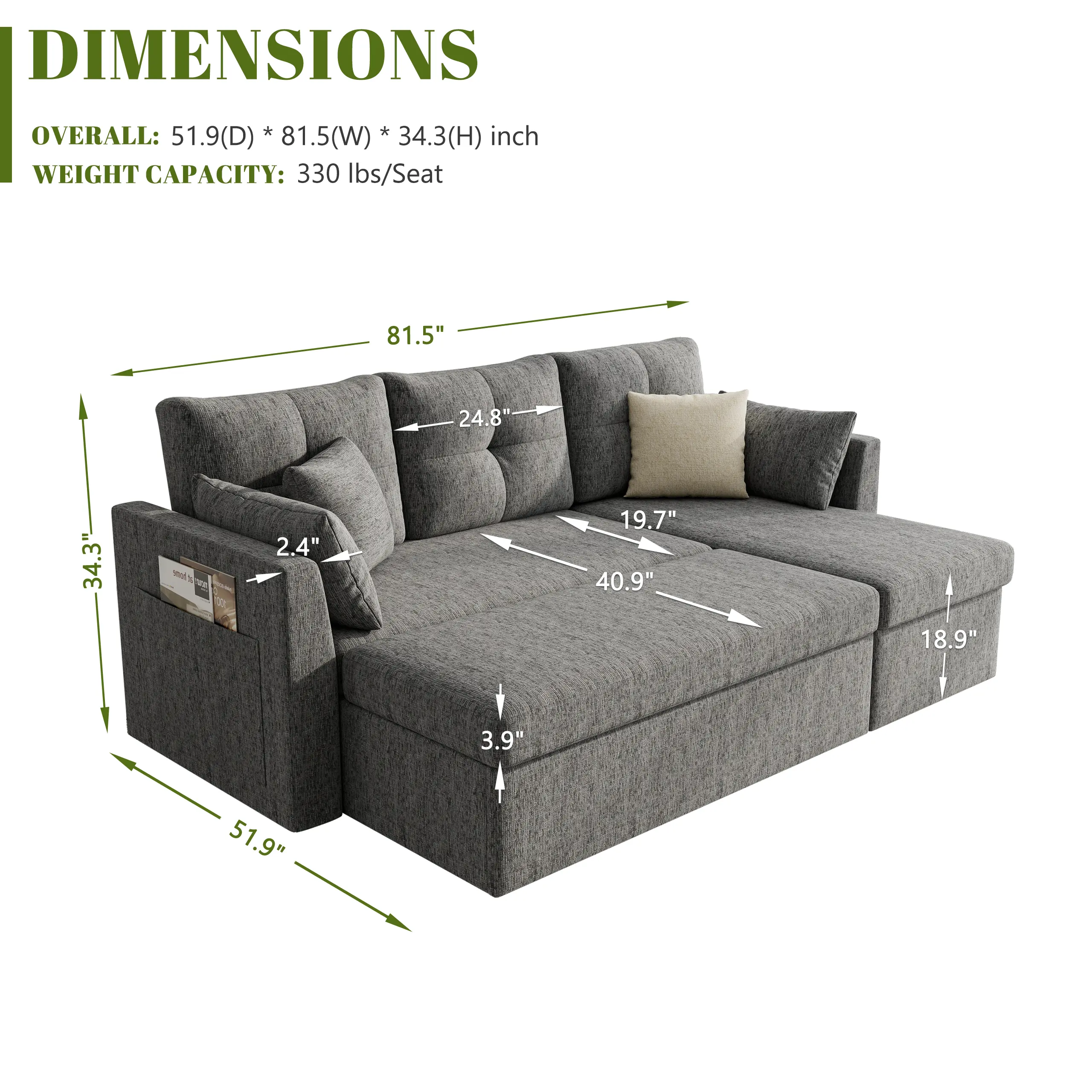 Oversized 110 Inch Sleeper Sofa Bed with Storage
