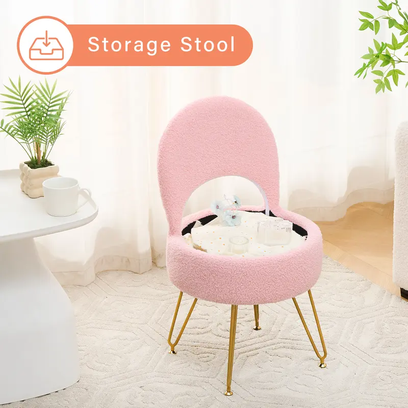 Small Teddy Velvet Vanity Chair - Multifunctional Storage Ottoman Stool with Folding Back, Reading Chair, Upholstered Design, 4 Metal Anti-Slip Legs for Bedroom, Living Room