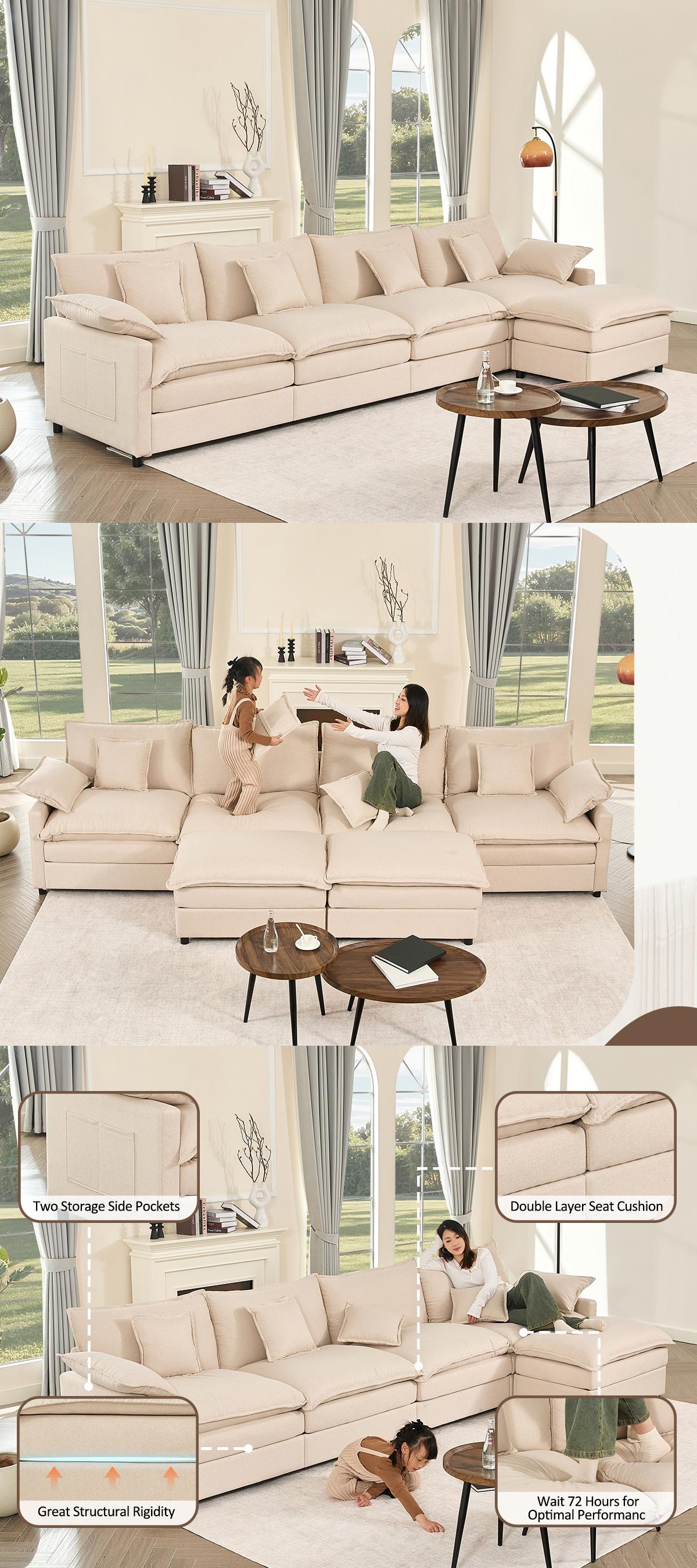 DealsforYouDays【2 Packages Shipping】GOSUHI 108" U-Shaped Modular Sectional Sofa - Comfy Cloud 3-Seater with 2 Movable Ottoman, Cloud Sofa,Deep Seat Linen Couch for Living Room, Beige Color ,Comfort & Stylish Design,Chenille pink
