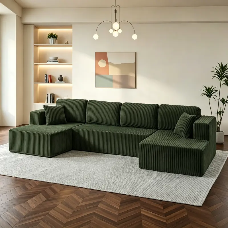 Niccae 132-Inch U-Shaped Memory Foam Sectional Sofa — An oversized modular design offering "cloud-like" comfort; features deep seating and compressed corduroy fabric, combining space-saving capabilities with a convertible sleeper function.
