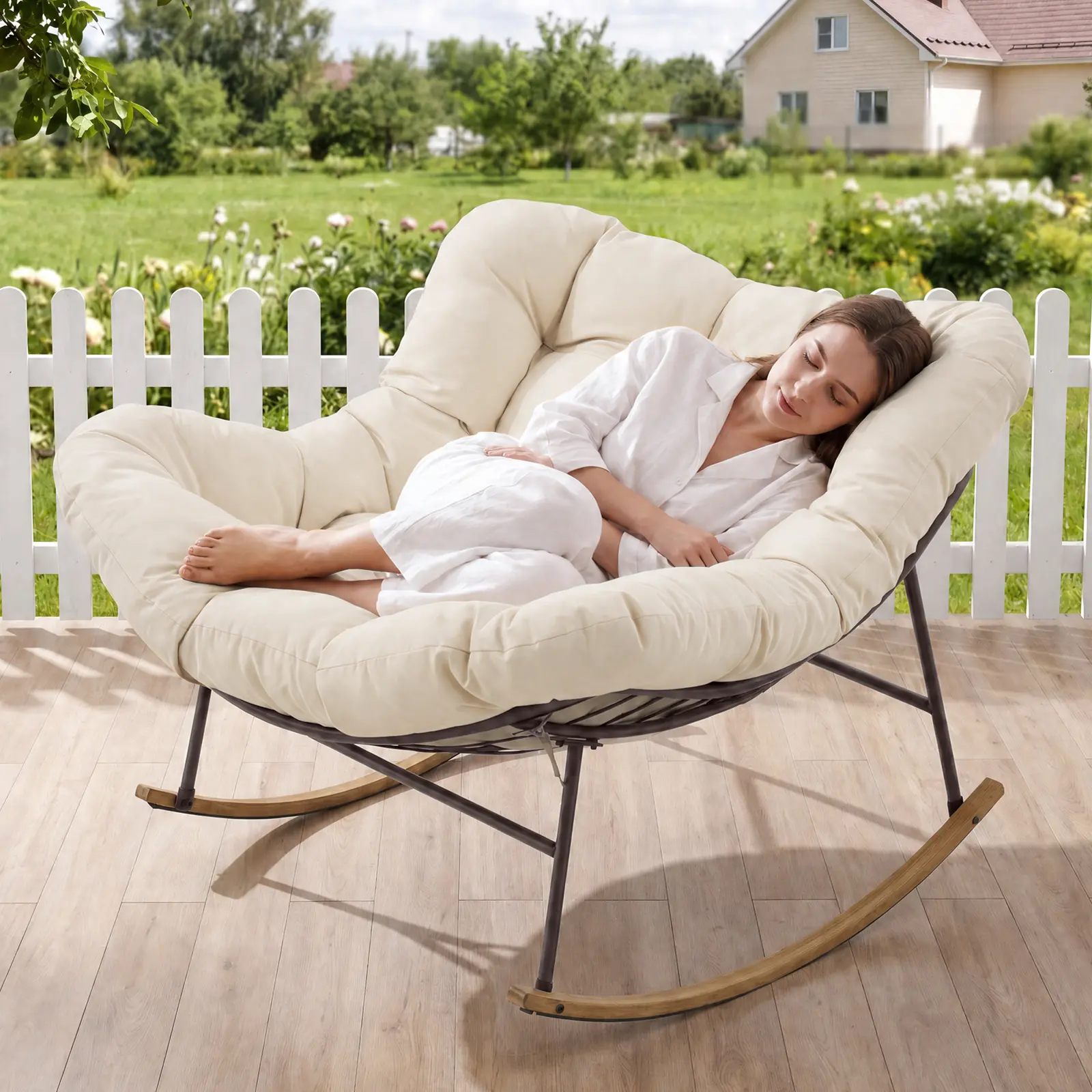 Papasan Rocking Chair Outdoor/ Indoor, Oversized Rocking Chair with Thickened Cushion, 450 lbs Large Comfy Egg Chair Indoor,Cozy Lounge Reading Glider Chair for Bedroom, Blue