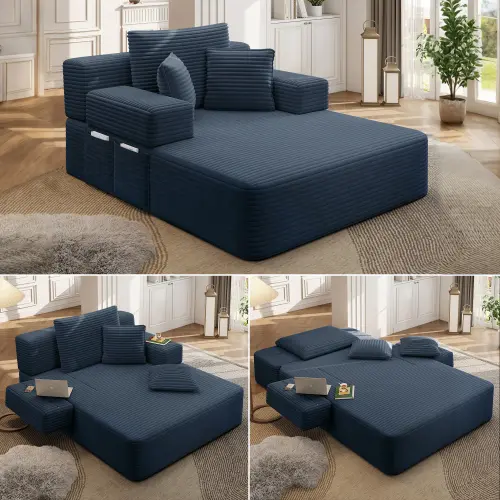 Luxury Plush Corduroy Convertible Sofa Bed, Oversized Chaise Lounge with 3 Pillows & Storage Pocket, Frameless Compression Foam Design for Small Spaces, No Assembly Required Sleeper Chair for Living Room, Apartment