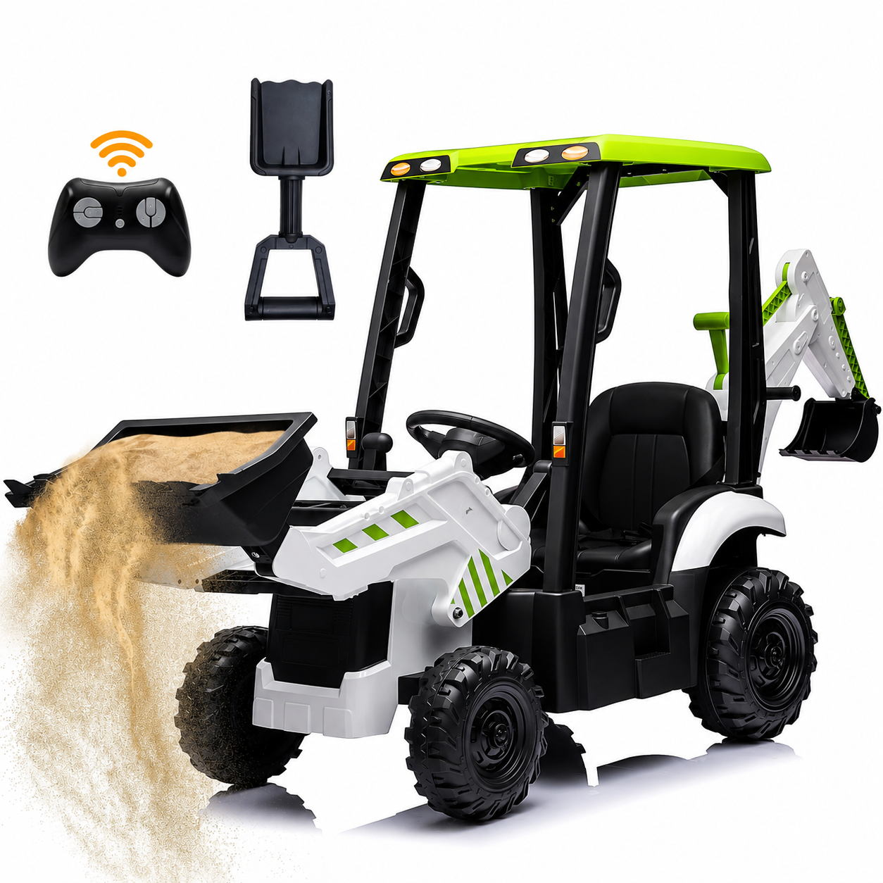 12V Kids Ride-On Excavator, Battery Powered Backhoe Digger with 2.4G Remote Control, Adjustable Front Loader & Rear Digger, Electric Construction Toy for Toddlers 3–6 Years Old
