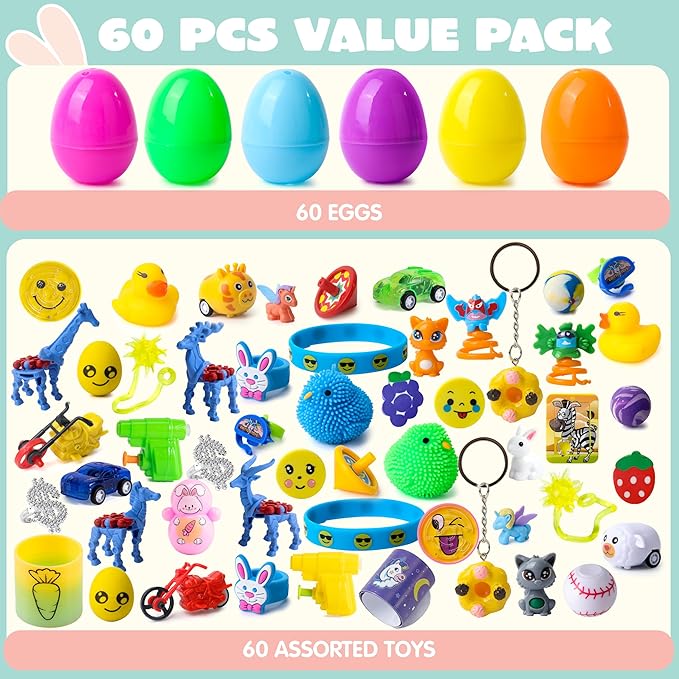 36pcs/48pcs/60pcs/80pcs/100pcs/120pcs/144pcs/160pcs/200pcs Prefilled Easter Eggs Toys and Stickers for Easter Egg Hunt, Filled with Toys Party Favors for Kids Boys Girls Easter Eggs Hunt, Basket Stuffers Fillers, Easter Egg Dye Decoration Kit