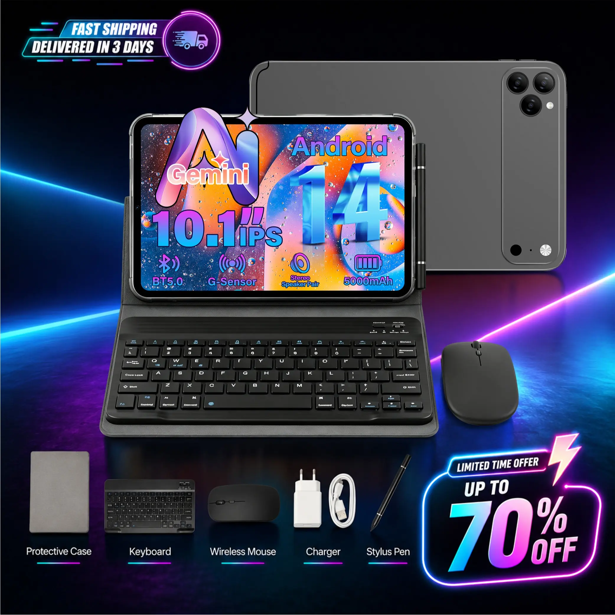 Back To School Android 10.1" Tablet Bundle, 8 + 256, Extended Storage Supported, w/ Keyboard Mouse Stylus for Notes, Classes, Streaming & Campus Life