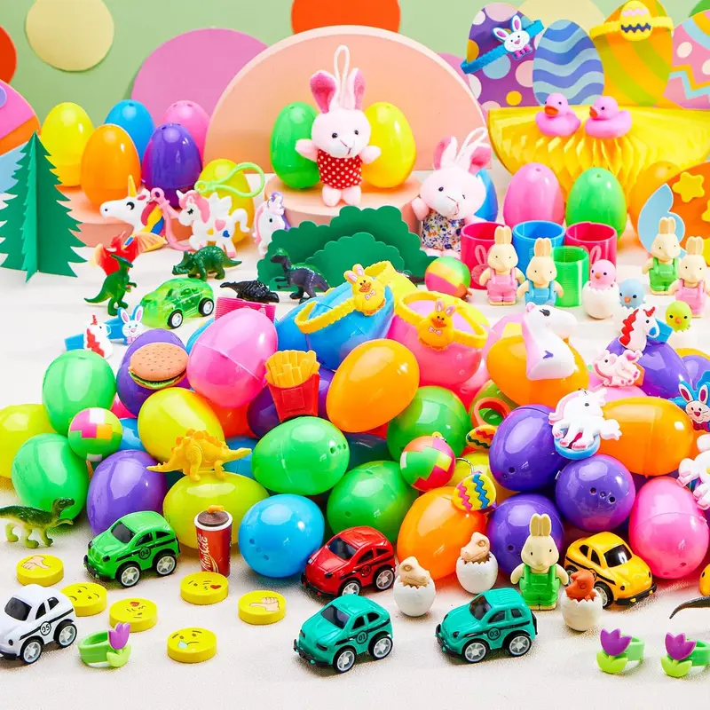 36pcs/48pcs/60pcs/80pcs/100pcs/120pcs/144pcs/160pcs/200pcs Prefilled Easter Eggs Toys and Stickers for Easter Egg Hunt, Filled with Toys Party Favors for Kids Boys Girls Easter Eggs Hunt, Basket Stuffers Fillers, Easter Egg Dye Decoration Kit