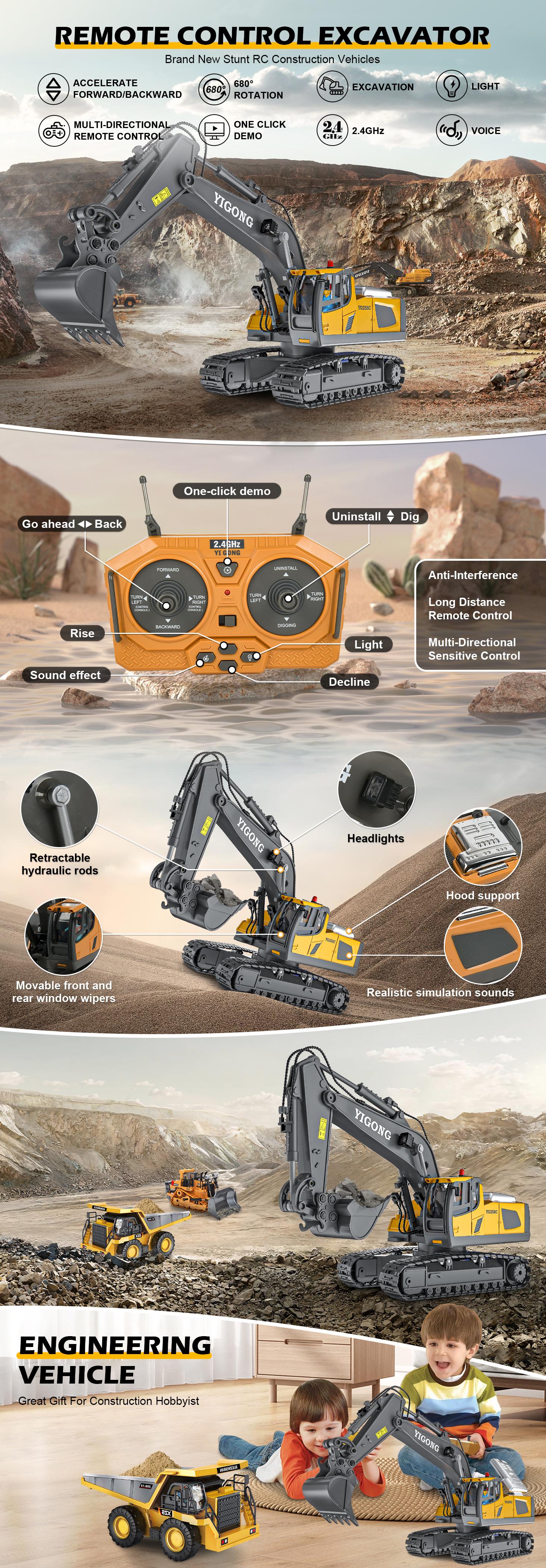 (He will love it!)Akeleo Remote Control Engineering Vehicle 2.4G High-Tech 11 Channels, Remote Control Excavator, Dump Truck, Aluminium Alloy ABS Engineering Vehicle Electronic Toy,Realistic Lights and Sounds,Gifts