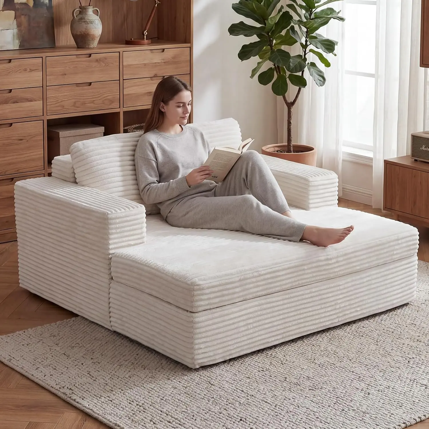 EBELLO Luxurious Corduroy Chaise Lounge Sofa Bed with Pillows