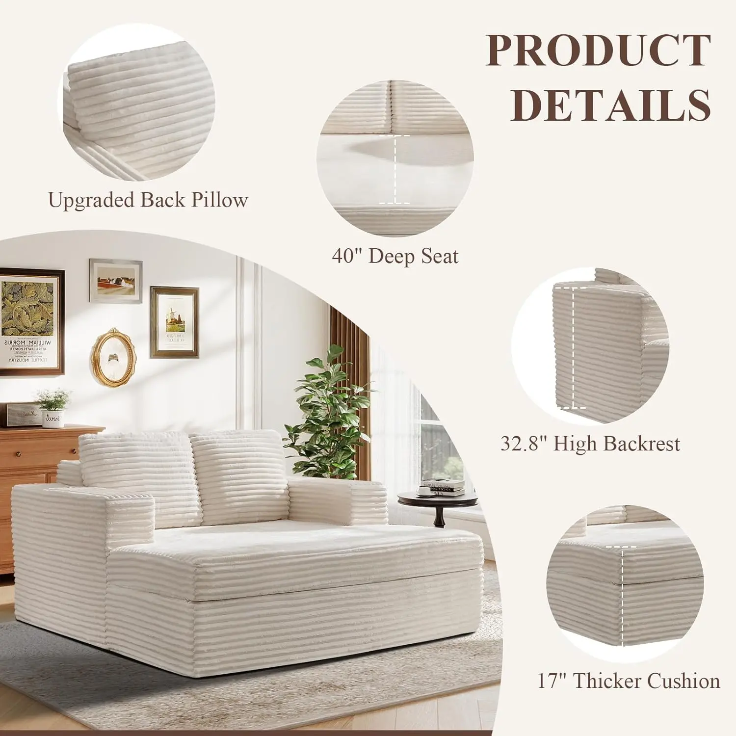 EBELLO Luxurious Corduroy Chaise Lounge Sofa Bed with Pillows