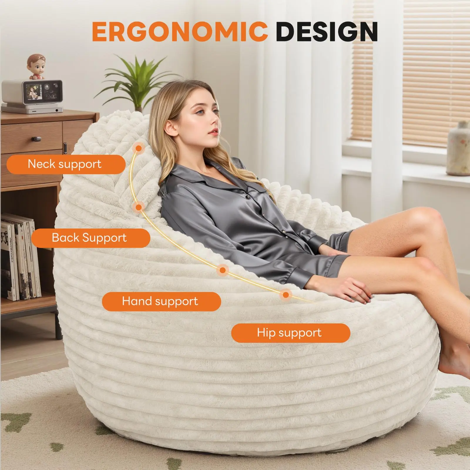 Bean Bag Chair 39 Inch Memory Foam Rounded Sofa with Backrest Beige and Black