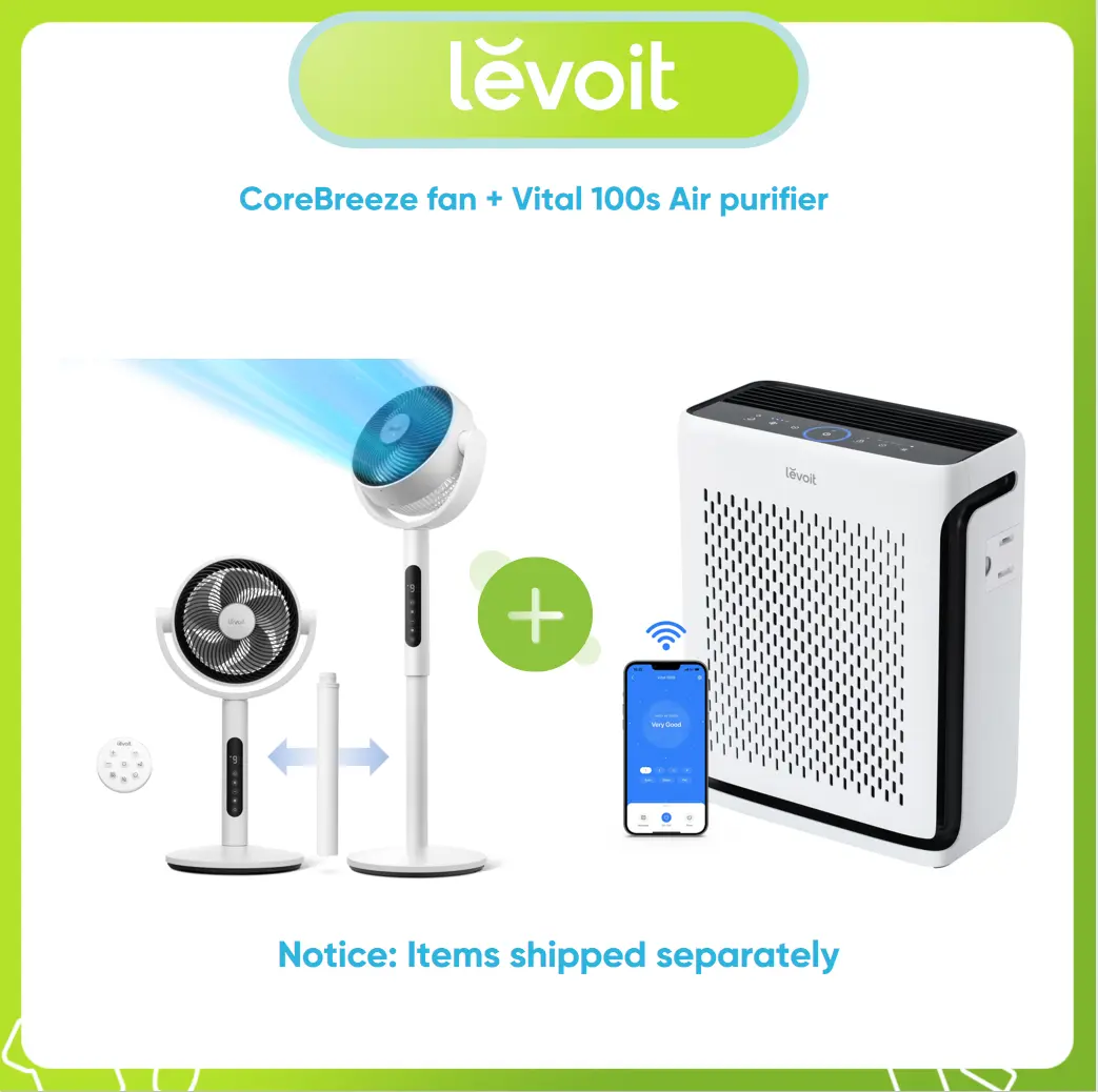 Levoit Corebreeze R432 Cooling & Vital 100S Air Purifier Bundle - Oscillating Circulator Pedestal DC Motor, 9-Speed, Ultra-Quiet Fan for Bedroom; Smart WiFi Purifier with Remote, HEPA Filter, Sleep Mode for Pets/Dust, Covers Up to 1110 Ft² Areas