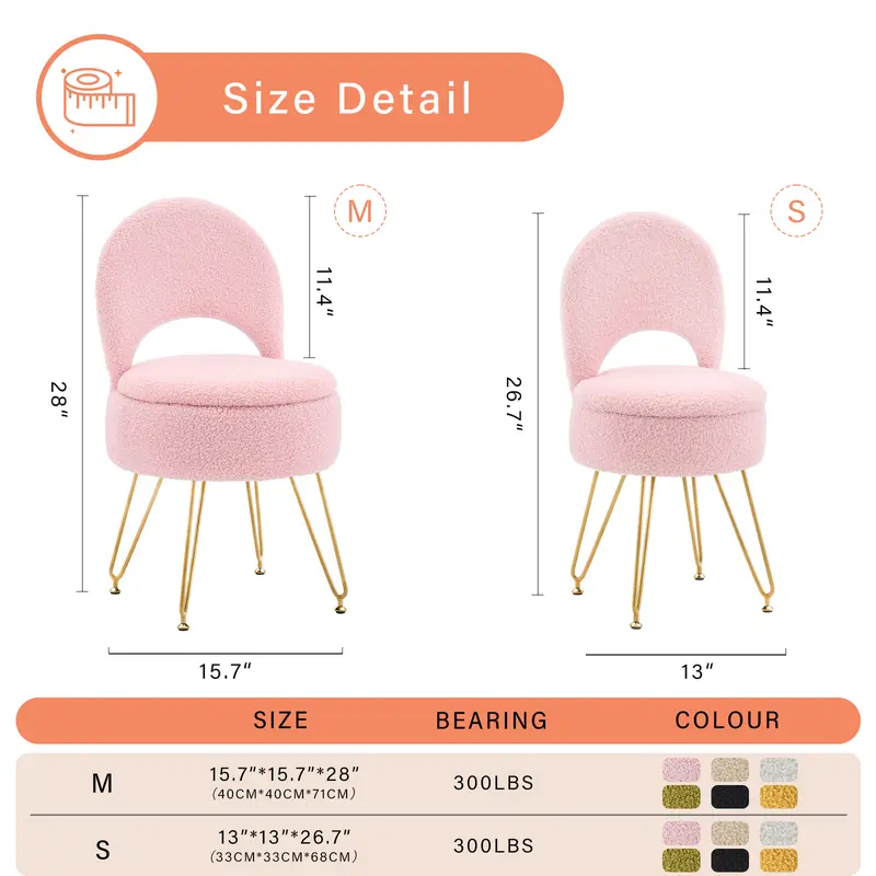 Small Teddy Velvet Vanity Chair - Multifunctional Storage Ottoman Stool with Folding Back, Reading Chair, Upholstered Design, 4 Metal Anti-Slip Legs for Bedroom, Living Room