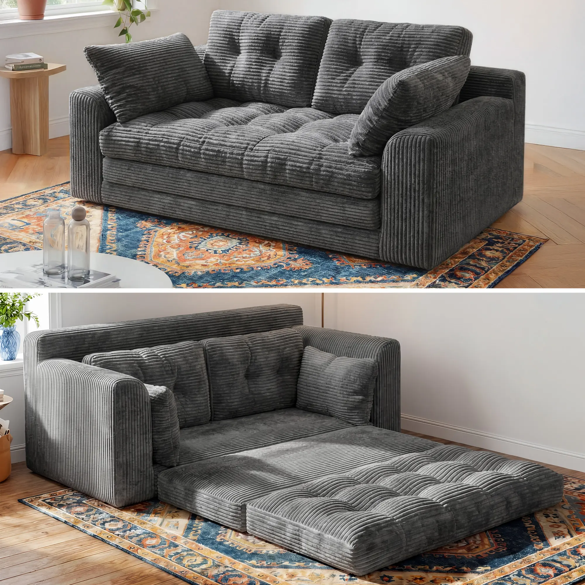 Raybee 2-3 Seater Folding Convertible Sofa Bed, Boneless Pull-Out Sleeper Sofa with Pillows, Tufting Corduroy Upholsted Foldable Floor Couch Comfy Lounge with High Resilience & High Density Foam for Small Space Living Room Bedroom, Black, Gray, White