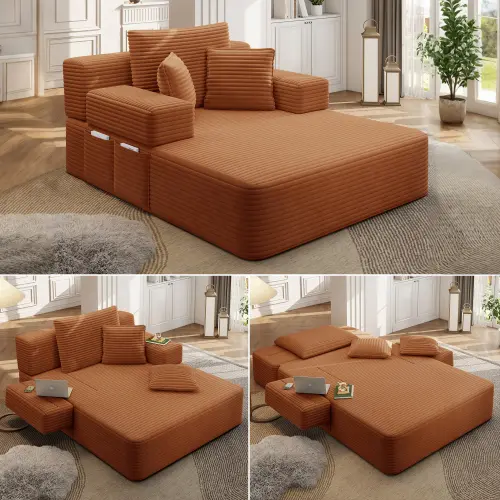 Luxury Plush Corduroy Convertible Sofa Bed, Oversized Chaise Lounge with 3 Pillows & Storage Pocket, Frameless Compression Foam Design for Small Spaces, No Assembly Required Sleeper Chair for Living Room, Apartment