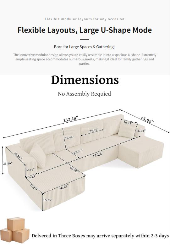 [2 Packages] Niccae 132-Inch U-Shaped Memory Foam Sectional Sofa &mdash; An oversized modular design offering "cloud-like" comfort; features deep seating and compressed corduroy fabric, combining space-saving capabilities with a convertible sleeper function.