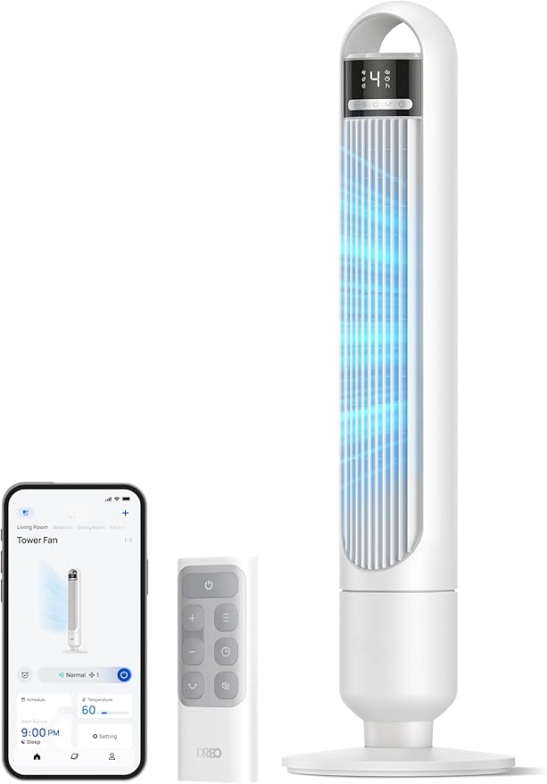 Smart Tower Fan for Bedroom – Quiet Oscillating Standing Fan with Remote & App Control