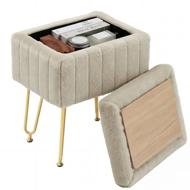 Vanity Stool Chair with Storage, Faux Fur, Grey