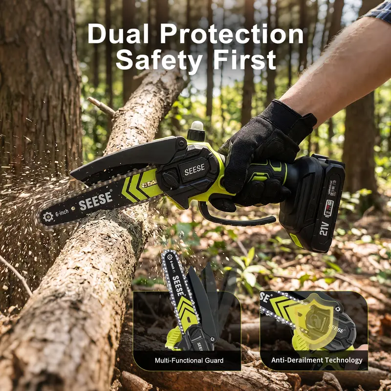 SEESE 6-Inch Brushless Mini Chainsaw with Automatic Oiling System, Portable Cordless Electric Chain Saw for Wood Cutting, Pruning, Gardening & Camping, 2000mAh Battery Included, Suitable for Seniors & Women