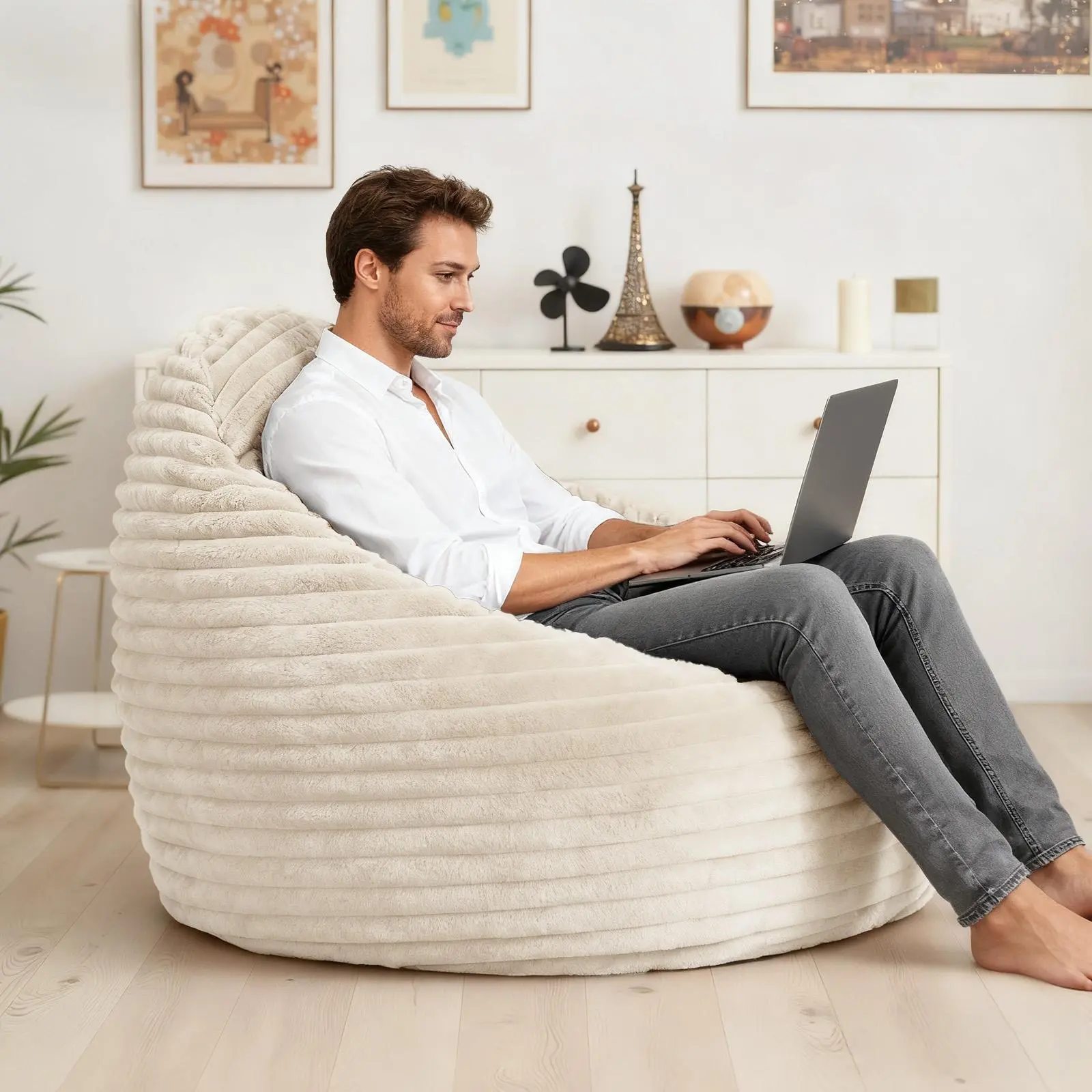 Bean Bag Chair 39 Inch Memory Foam Rounded Sofa with Backrest Beige and Black