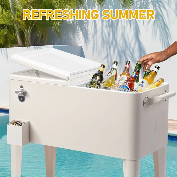 40L Portable Long Rectangle Plastic Cooler Box with Iron Legs 87.5x38.5x91cm Milk White Freezing & Insulating for Cans