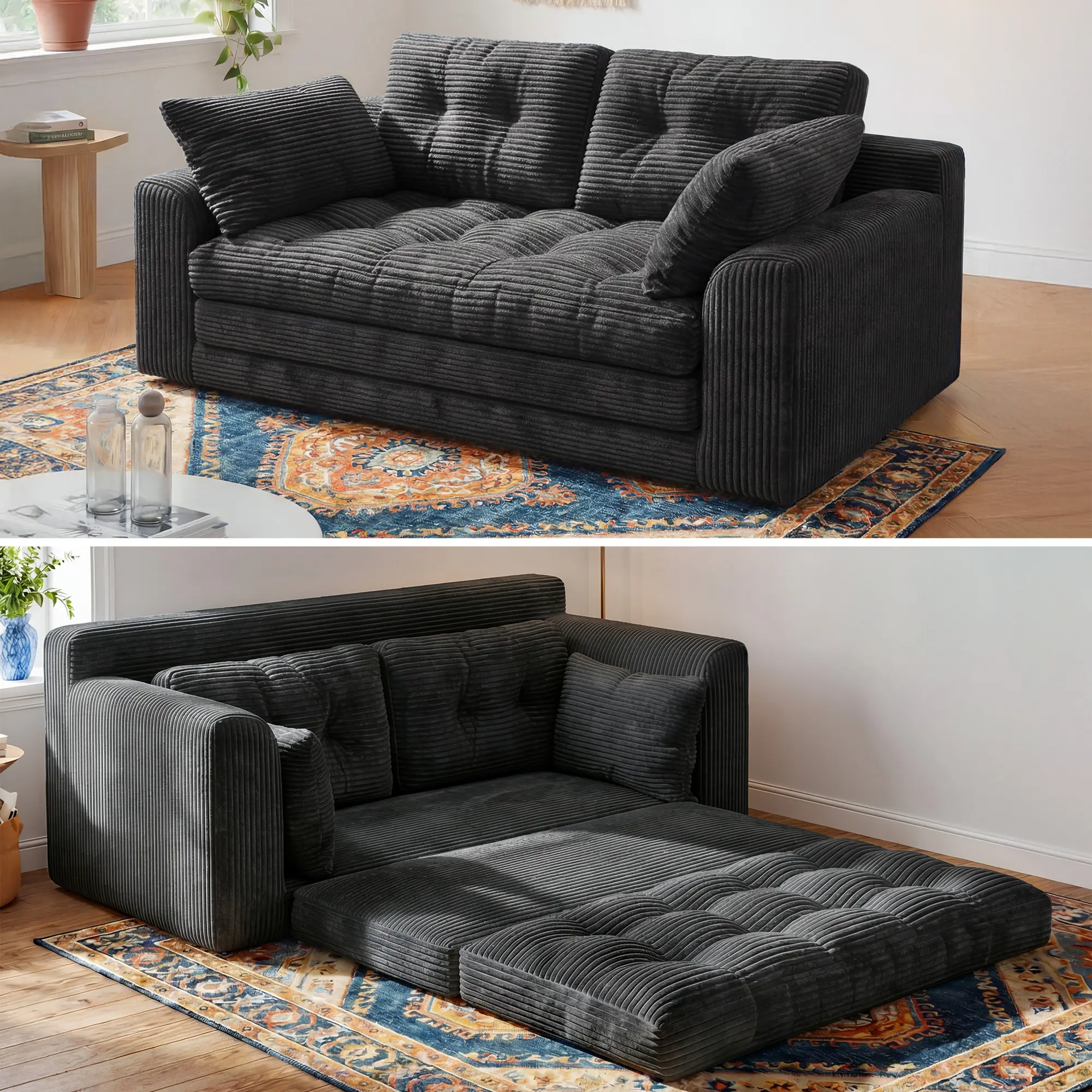 Raybee 2-3 Seater Folding Convertible Sofa Bed, Boneless Pull-Out Sleeper Sofa with Pillows, Tufting Corduroy Upholsted Foldable Floor Couch Comfy Lounge with High Resilience & High Density Foam for Small Space Living Room Bedroom, Black, Gray, White