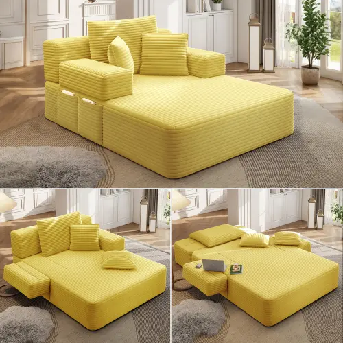 Luxury Plush Corduroy Convertible Sofa Bed, Oversized Chaise Lounge with 3 Pillows & Storage Pocket, Frameless Compression Foam Design for Small Spaces, No Assembly Required Sleeper Chair for Living Room, Apartment