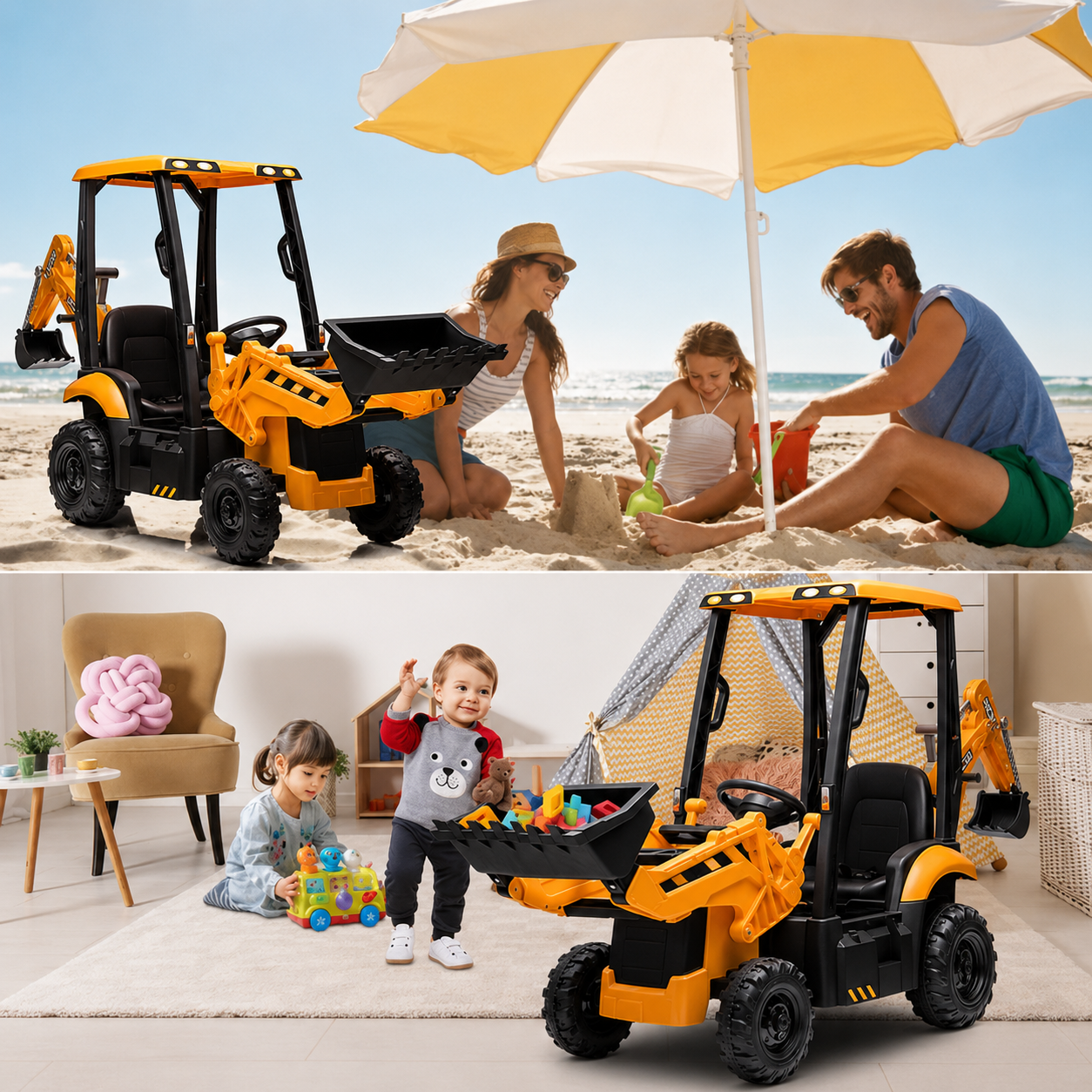 12V Kids Ride-On Excavator, Battery Powered Backhoe Digger with 2.4G Remote Control, Adjustable Front Loader & Rear Digger, Electric Construction Toy for Toddlers 3–6 Years Old