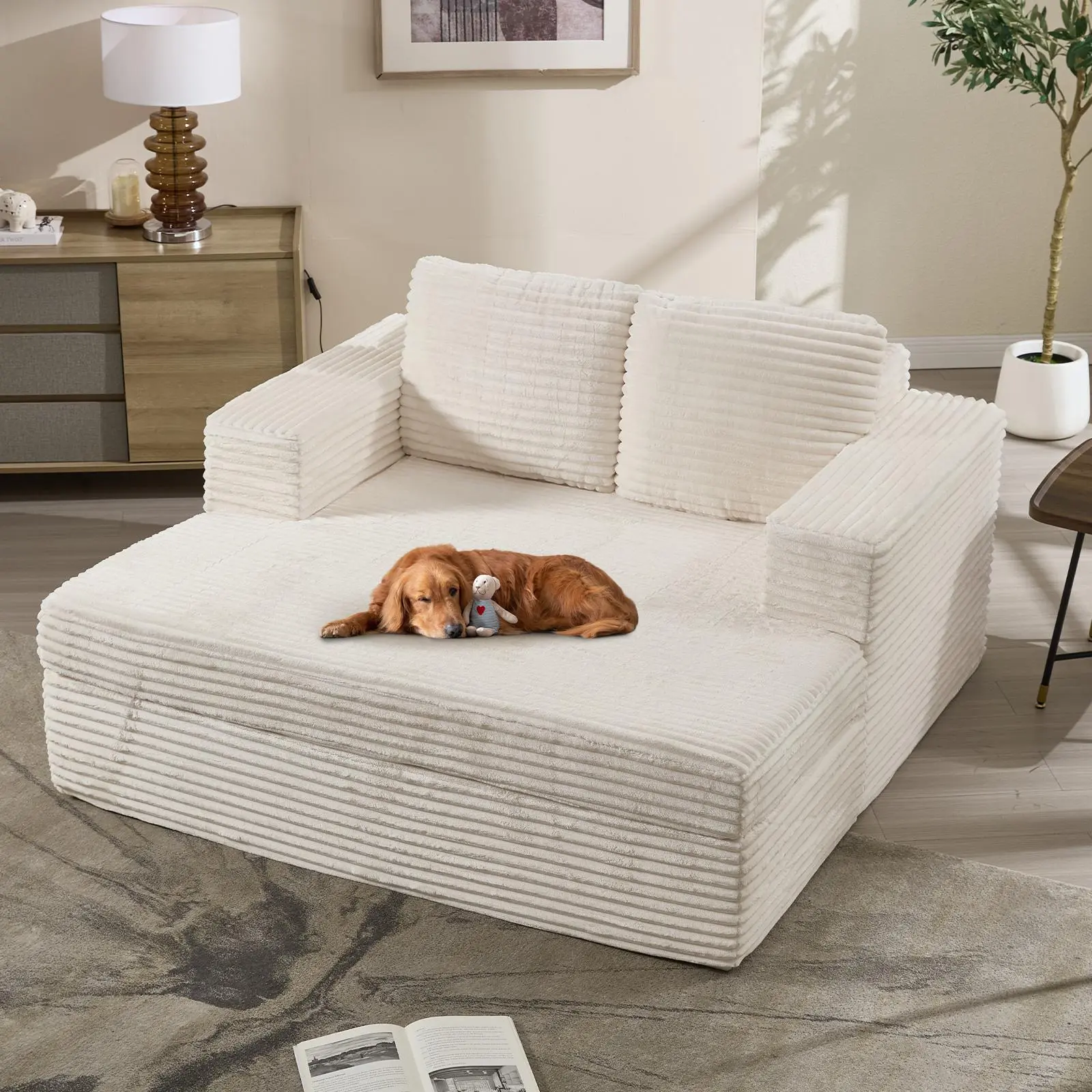 EBELLO Luxurious Corduroy Chaise Lounge Sofa Bed with Pillows