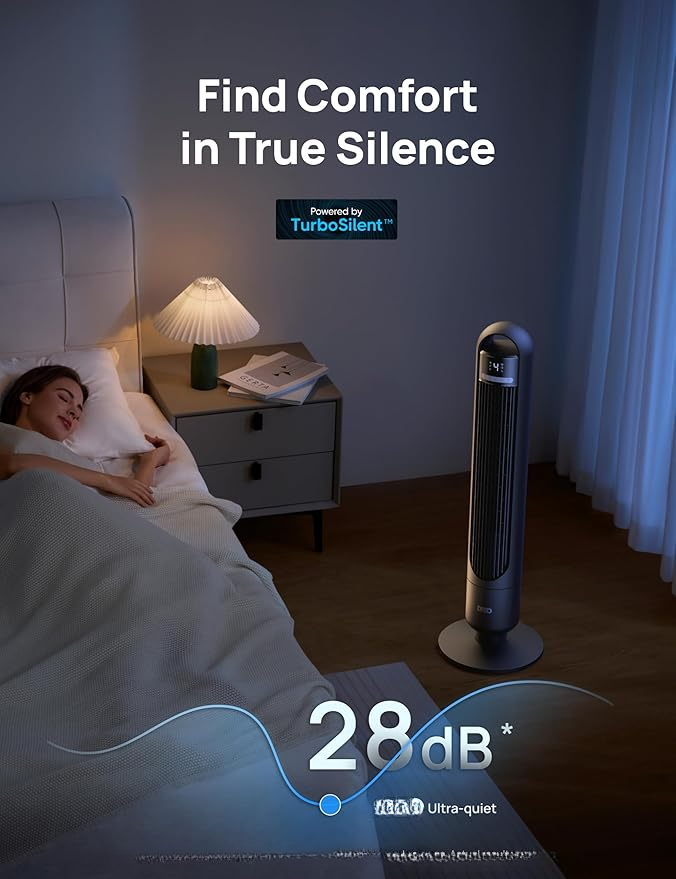 Smart Tower Fan for Bedroom – Quiet Oscillating Standing Fan with Remote & App Control