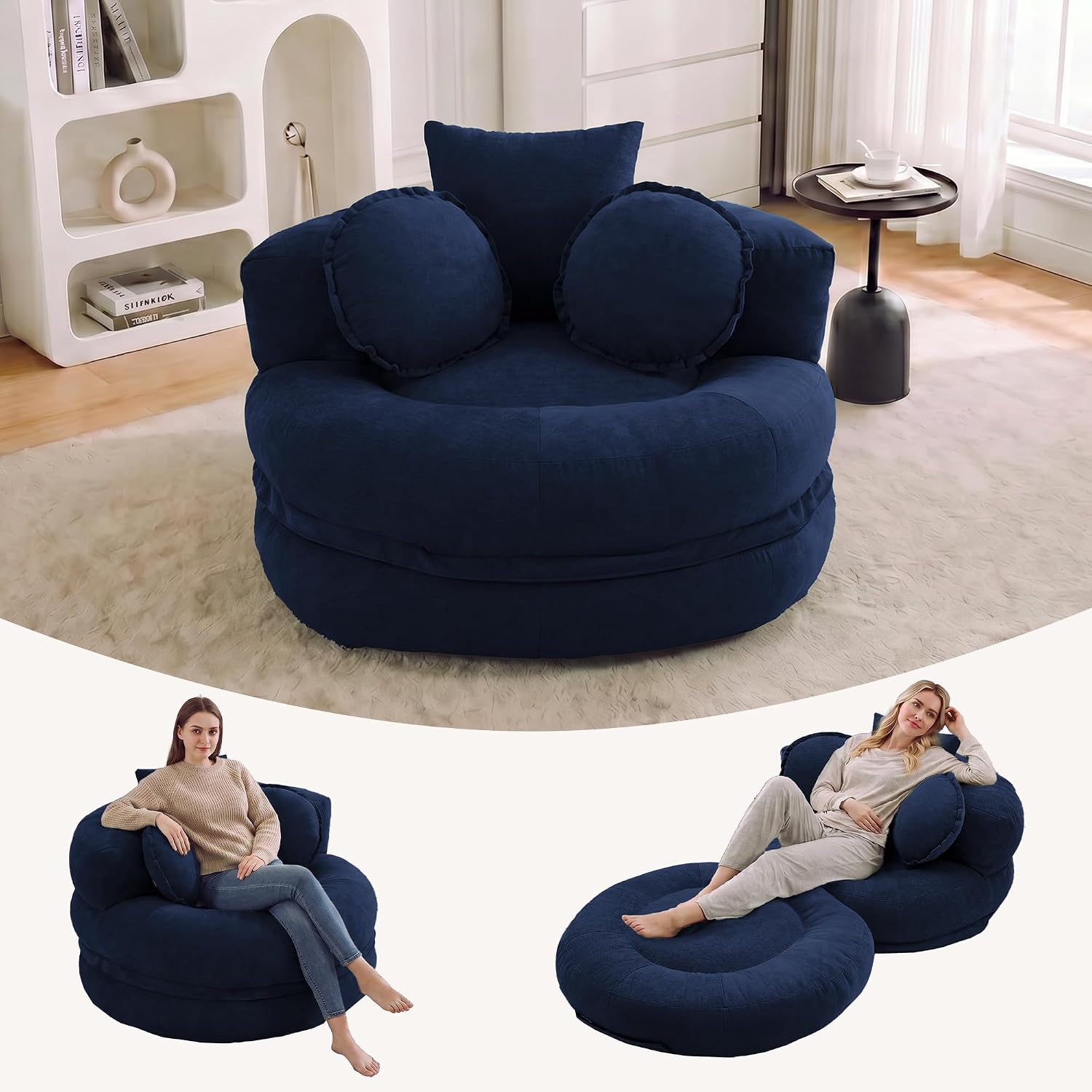 Oversized Round Floor Sofa, Deep Seat Chenille Boneless Lounge Chair, Compressed Barrel Chair for Living Room & Bedroom – Beige