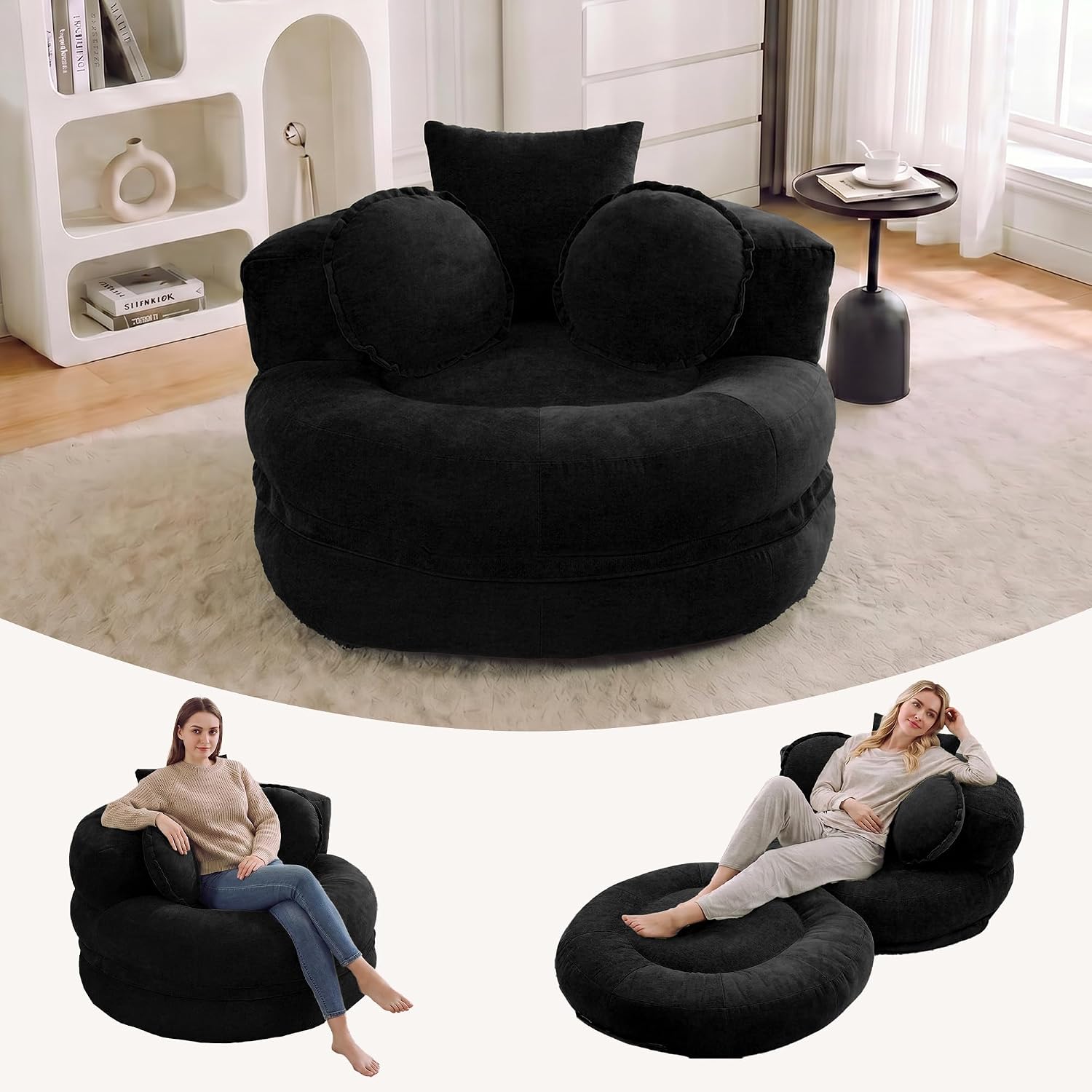 Oversized Round Floor Sofa, Deep Seat Chenille Boneless Lounge Chair, Compressed Barrel Chair for Living Room & Bedroom – Beige
