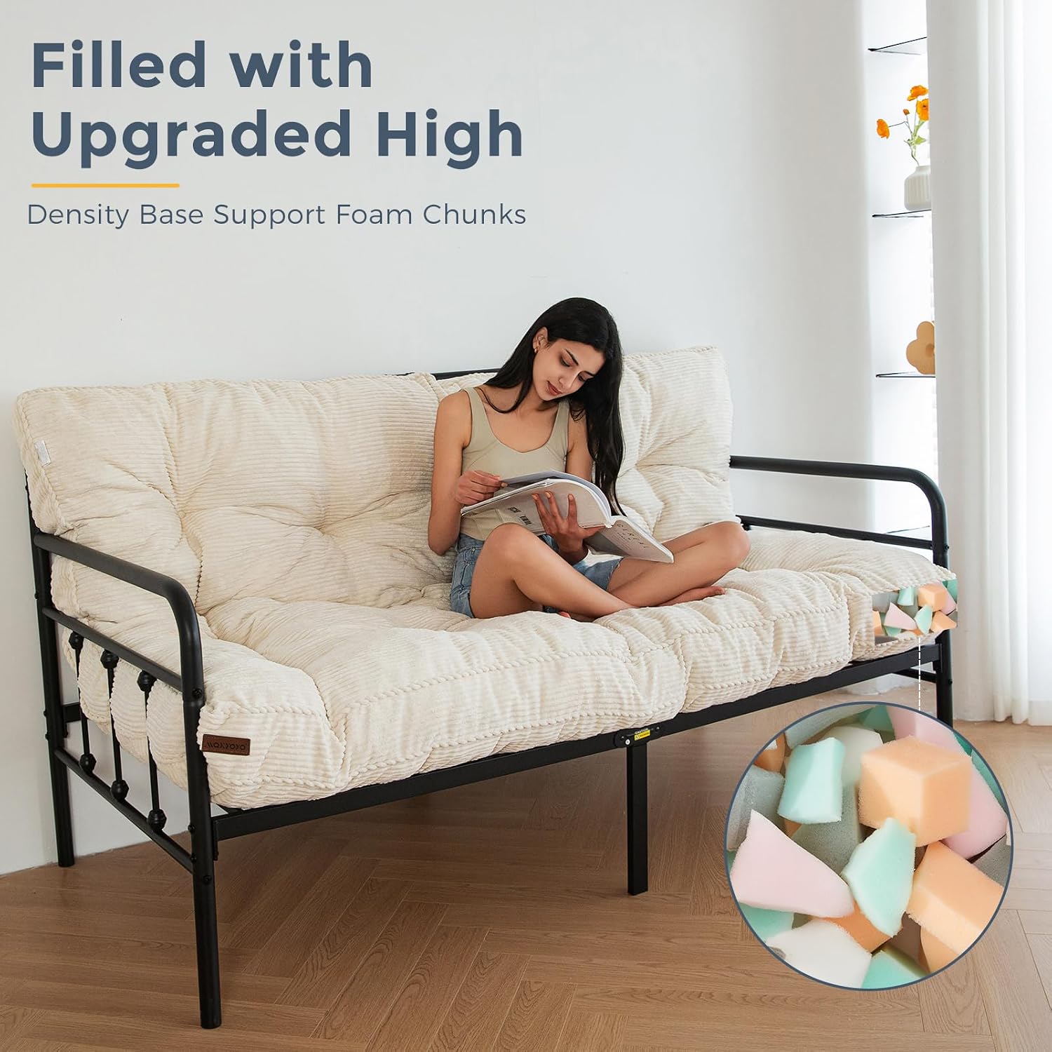 MAXYOYO 6" Futon Mattress Full Size, Thick Corded Fabric Floor Mattress for Adults, Twisted Rope Design Edging Tufted Futon Sofa Couch Bed (Frame Not Included), Beige