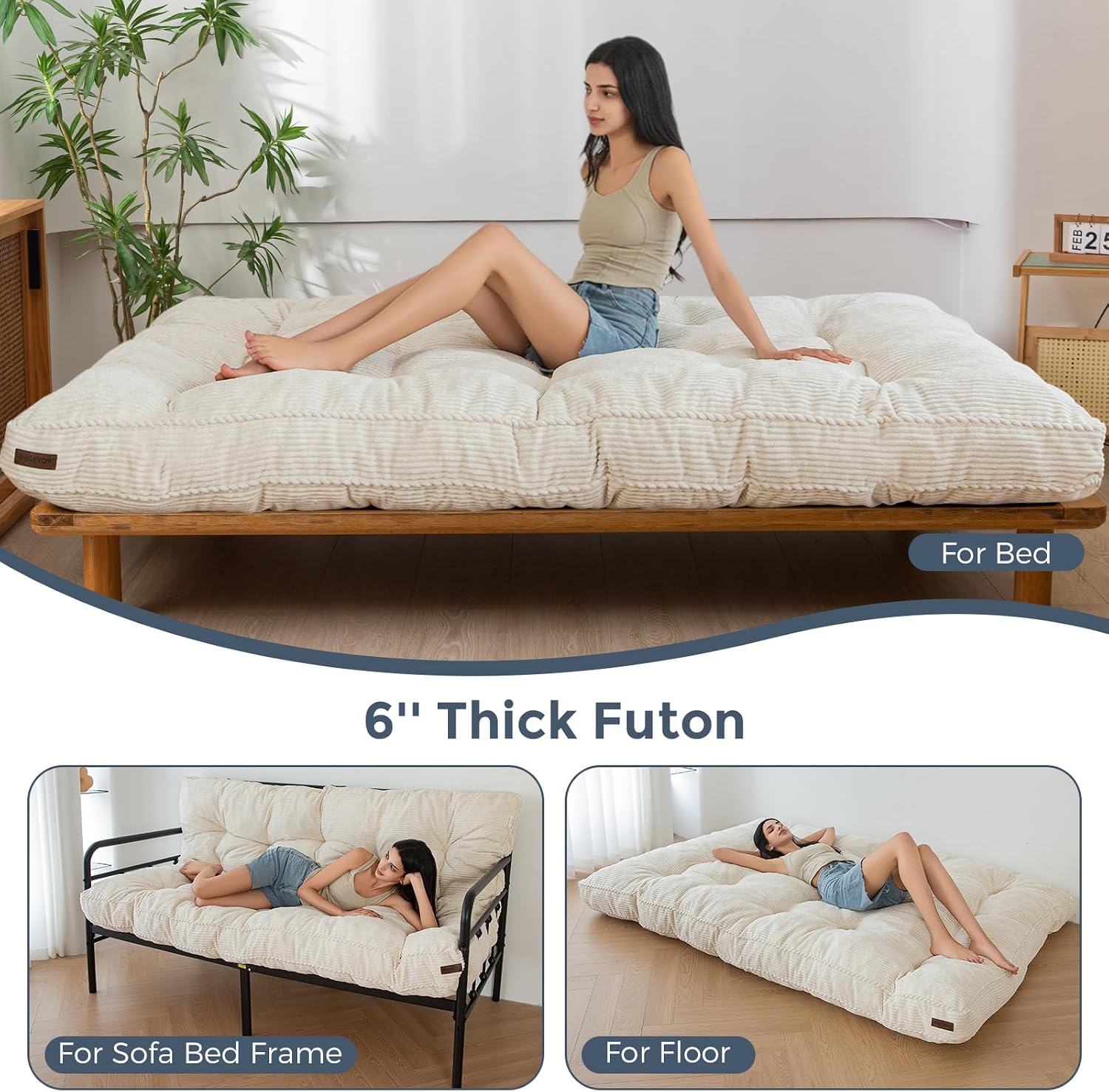 MAXYOYO 6" Futon Mattress Full Size, Thick Corded Fabric Floor Mattress for Adults, Twisted Rope Design Edging Tufted Futon Sofa Couch Bed (Frame Not Included), Beige
