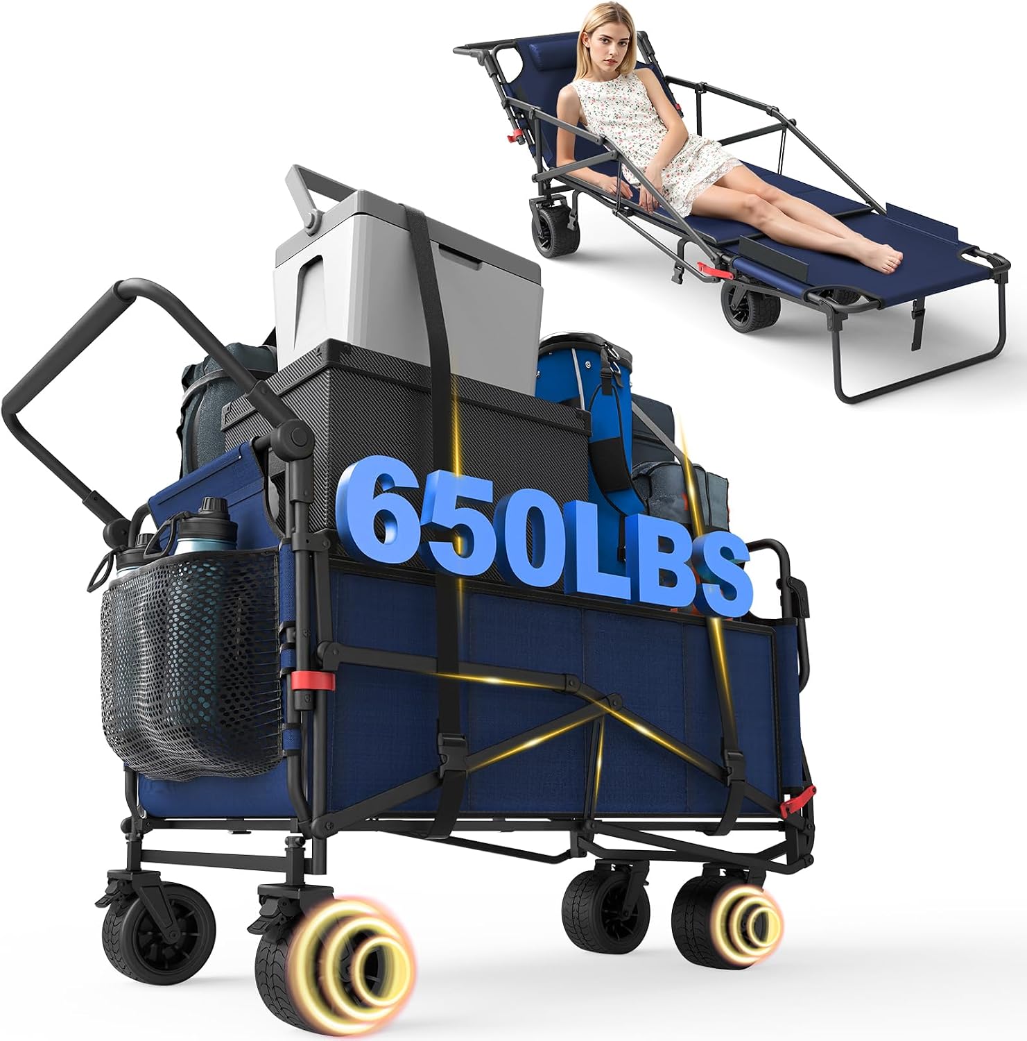 2-in-1 Folding Wagon Cart with Outdoor Lounge Chair, Heavy Duty Collapsible Utility Wagon with All-Terrain Wheels, Portable Beach Cart for Camping, Garden & Outdoor Activities
