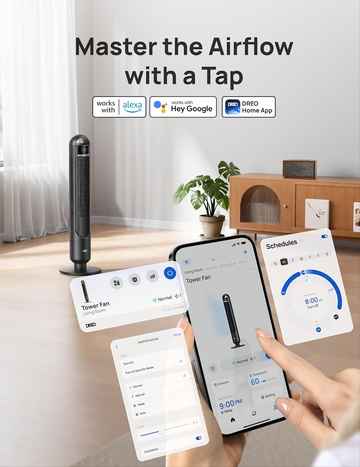 Smart Tower Fan for Bedroom – Quiet Oscillating Standing Fan with Remote & App Control