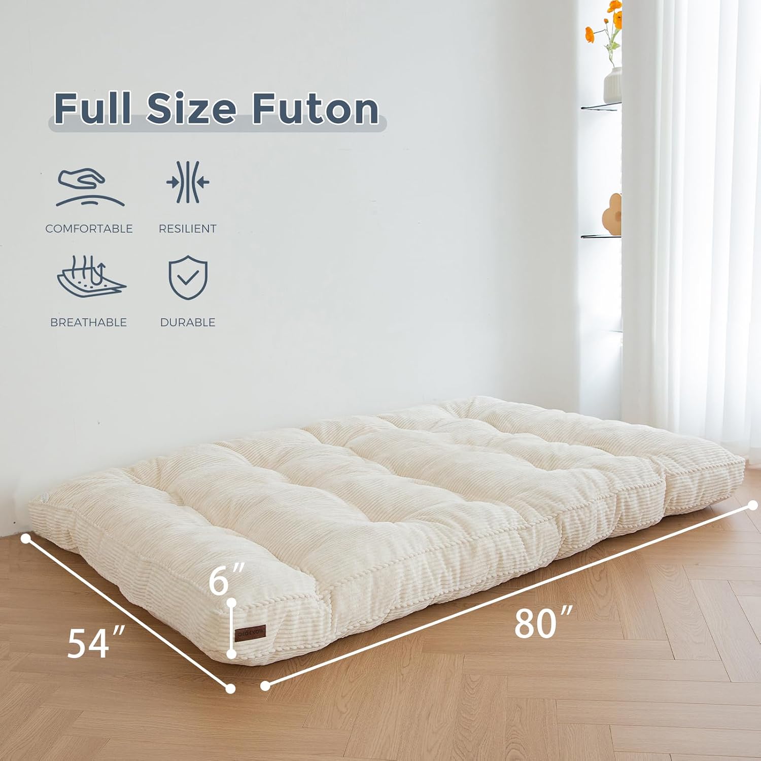 MAXYOYO 6" Futon Mattress Full Size, Thick Corded Fabric Floor Mattress for Adults, Twisted Rope Design Edging Tufted Futon Sofa Couch Bed (Frame Not Included), Beige