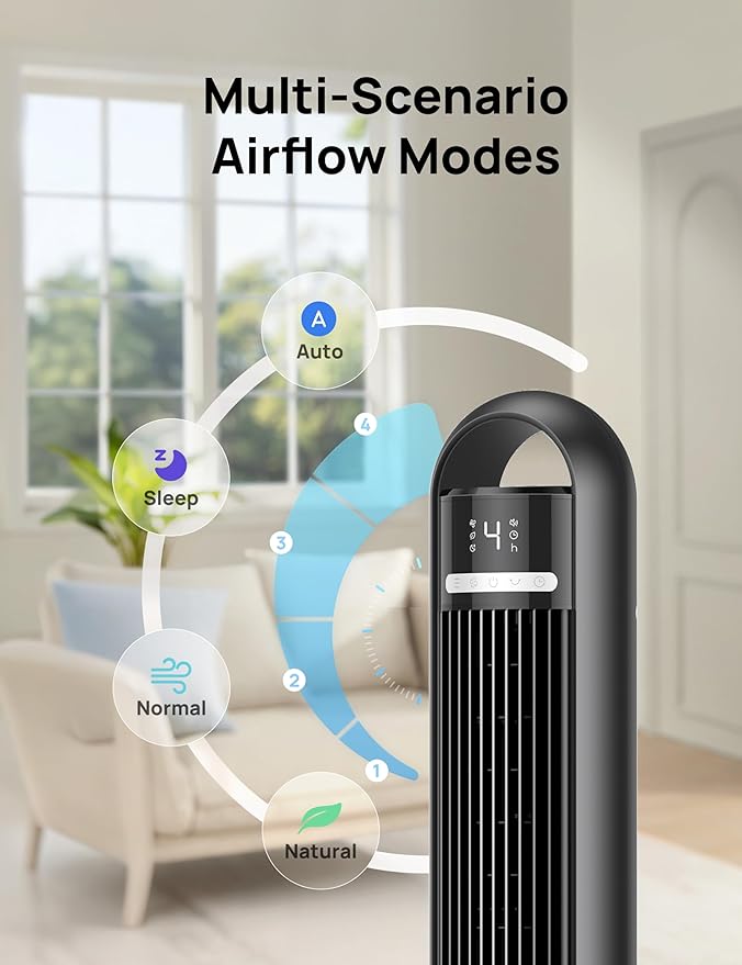 Smart Tower Fan for Bedroom – Quiet Oscillating Standing Fan with Remote & App Control