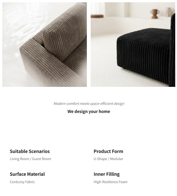 [2 Packages] Niccae 132-Inch U-Shaped Memory Foam Sectional Sofa &mdash; An oversized modular design offering "cloud-like" comfort; features deep seating and compressed corduroy fabric, combining space-saving capabilities with a convertible sleeper function.