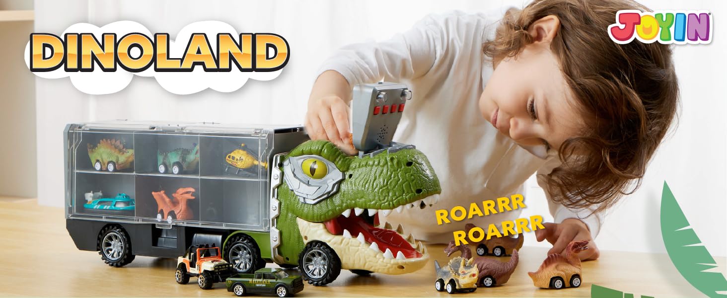 JOYIN 17inch 13 in 1 Dinosaur Transport Carrier Truck Set with 12 Pull Back Cars & 3 Die-cast Vehicles for Kids 3+ Year Old Boys Tyrannosaurus Truck & Triceratops Truck